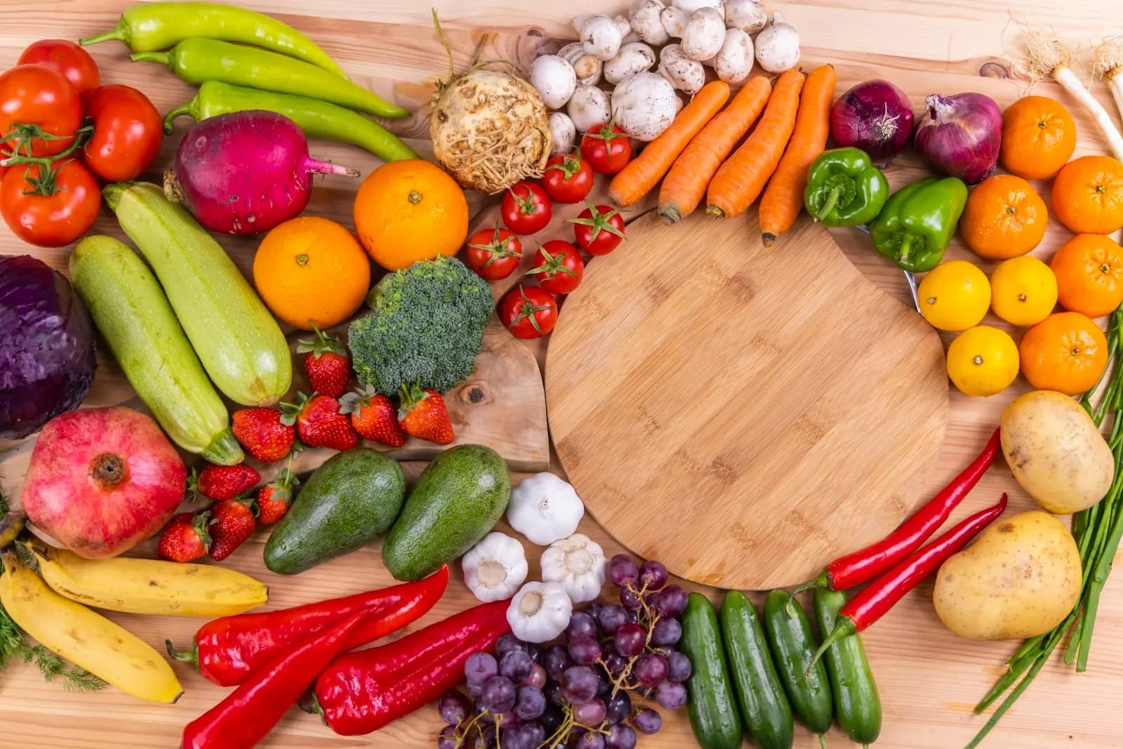 Fresh vegetables and fruit laid out on a table